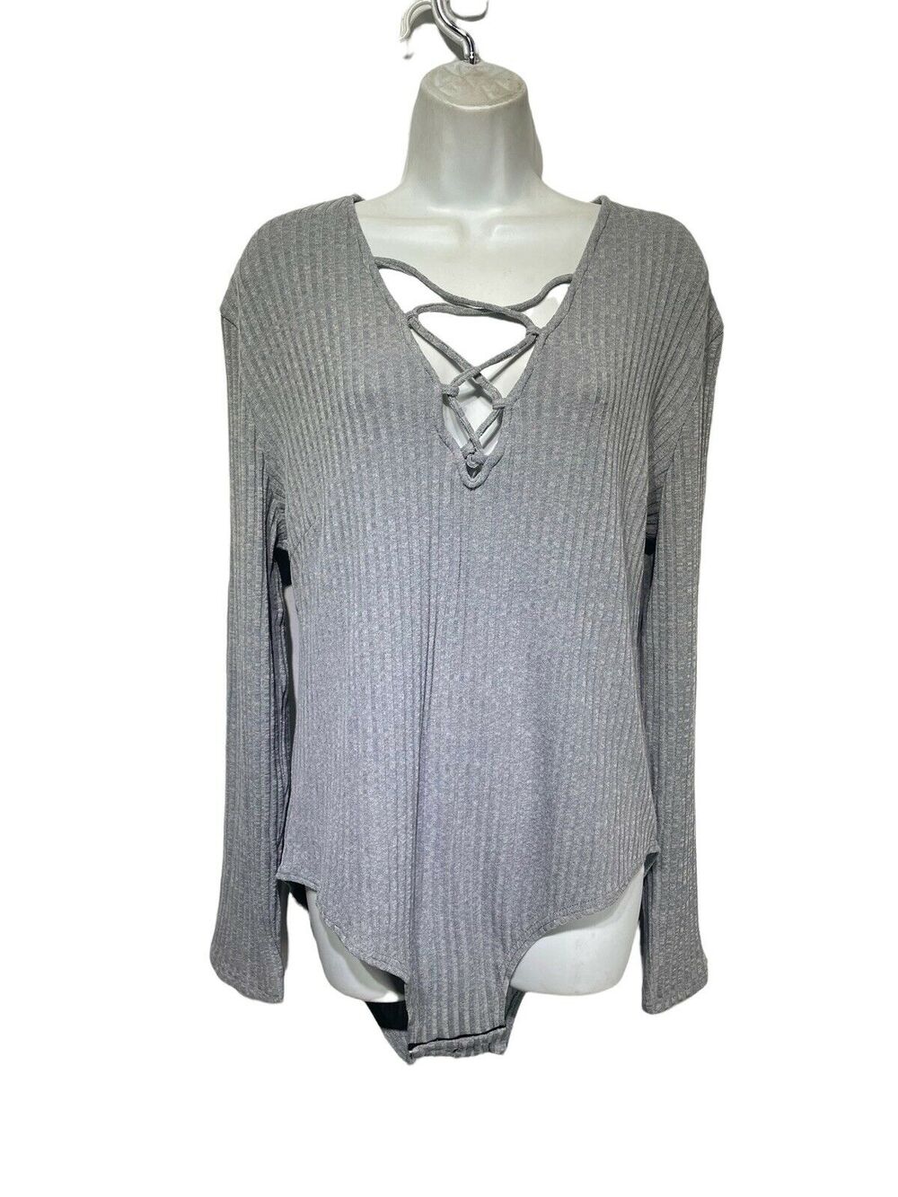 lookbook store gray ribbed Zipper Back Long Sleeve Deep V one piece bodysuit 14
